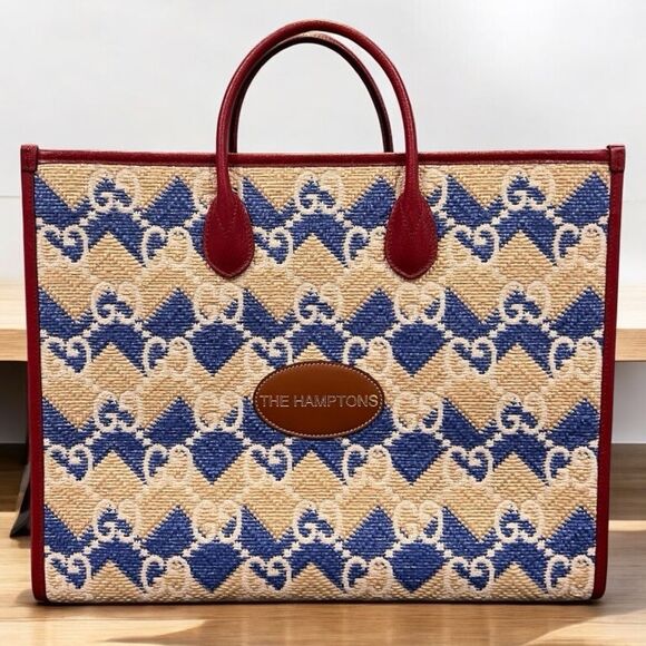 GUCCI 
Raffia GG Monogram Hamptons Tote Bag Beige Blue - Picture 1 of 11